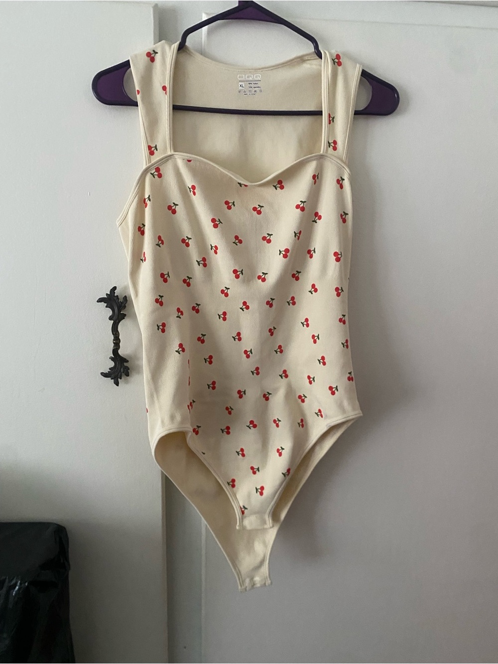 Cream Cherry-Print Sweetheart Bodysuit